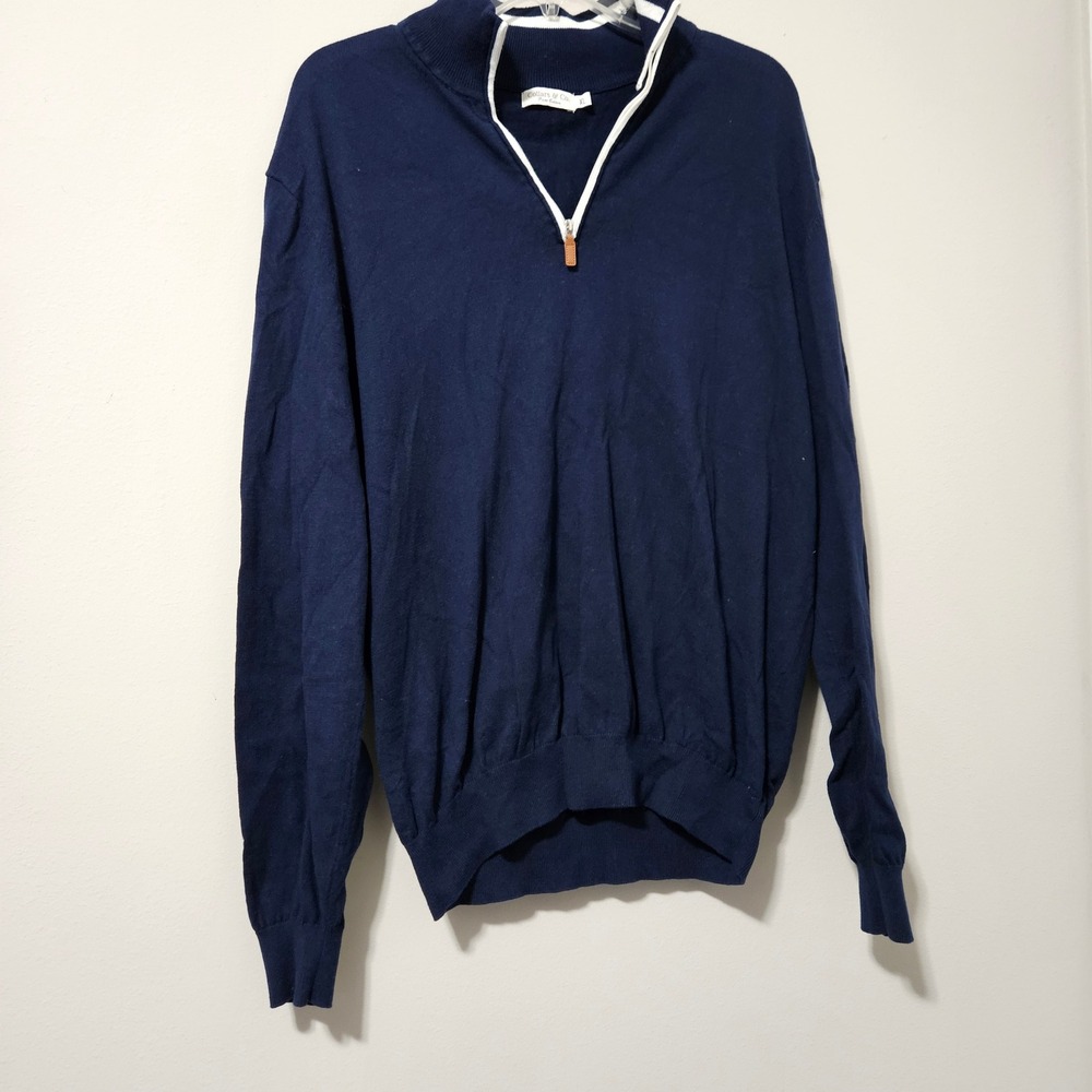 Collars & Co Mens Navy‎ Blue Pure Cotton Quarter Zip Sweater XL White Trim